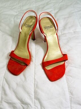 Charles Jourdan Orange-Red Suede Slingback Heels